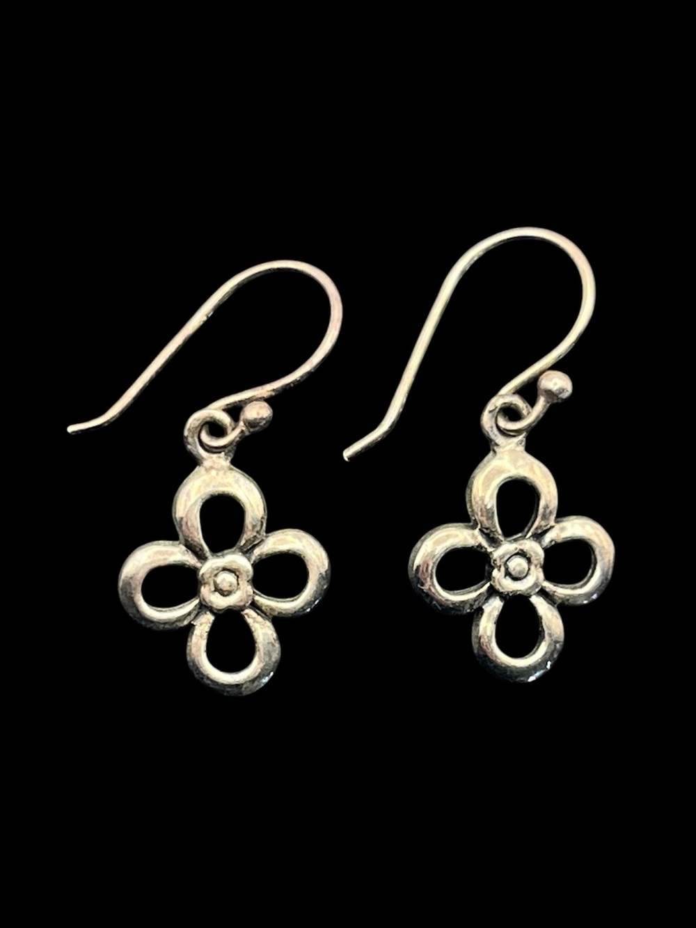 Sterling silver open 4 petal flower dangle drop earrings